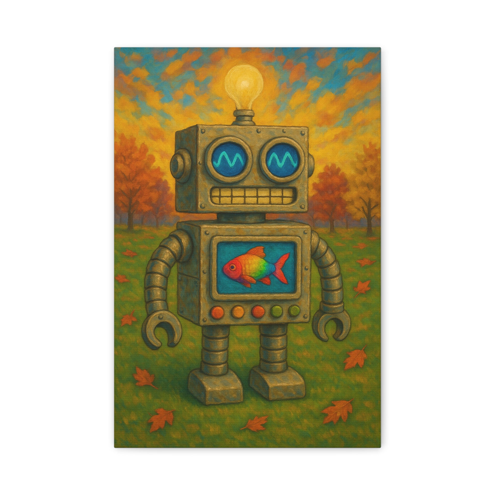 Whimsical Robot & Rainbow Fish – Fall Landscape Canvas Wall Art. Bring warmth and wonder home with this colorful fall-themed robot painting. A playful mix of nature, creativity, and curiosity.
