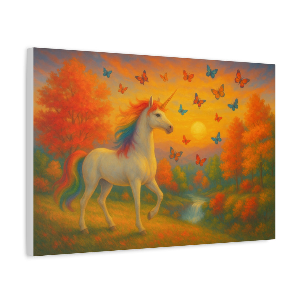 Whimsical Unicorn at Sunset, Rainbow Butterflies Fantasy Canvas Wall Art for Kids and Dreamers, A Magical Rainbow Moment in Nature