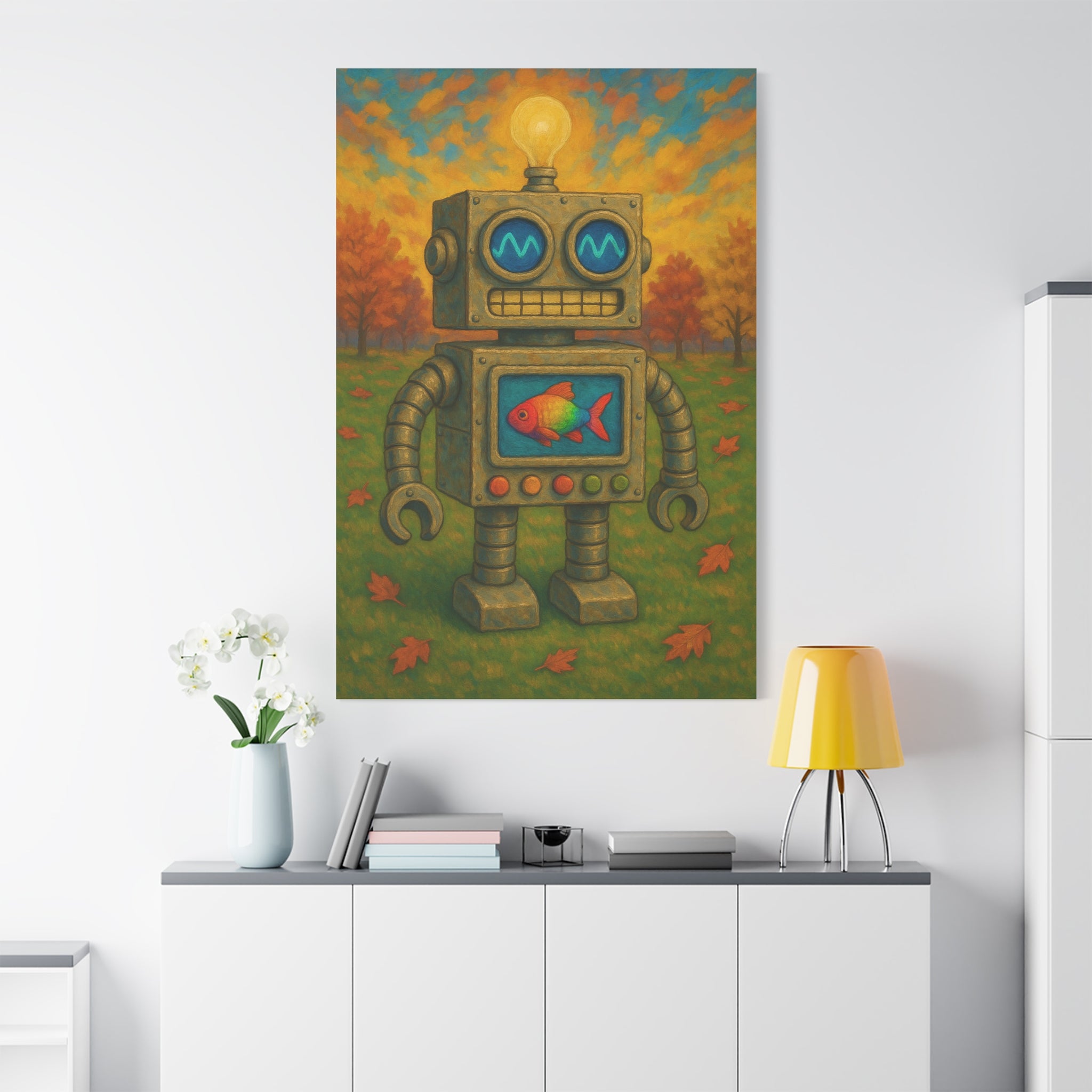Whimsical Robot & Rainbow Fish – Fall Landscape Canvas Wall Art. Bring warmth and wonder home with this colorful fall-themed robot painting. A playful mix of nature, creativity, and curiosity.
