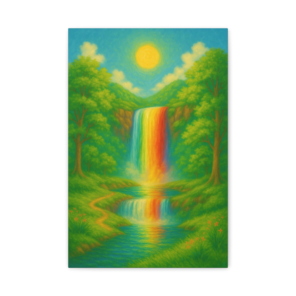 Rainbow Waterfall Landscape, Vibrant Nature Wall Art with Golden Sun and Lush Green Forest