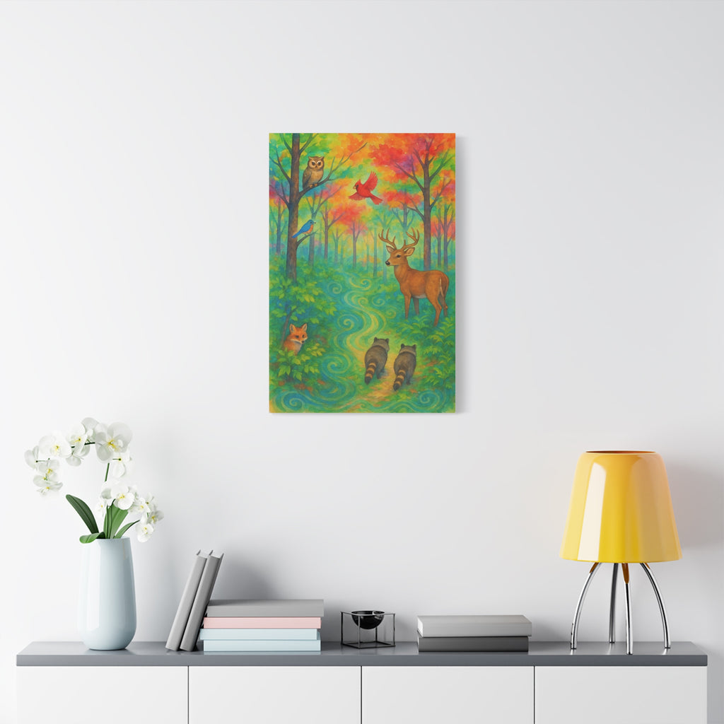 Rainbow Woodland Watercolor Painting – Vibrant Forest with Deer, Fox, Raccoons, and Birds | Nature Wall Art for Living Room or Nursery