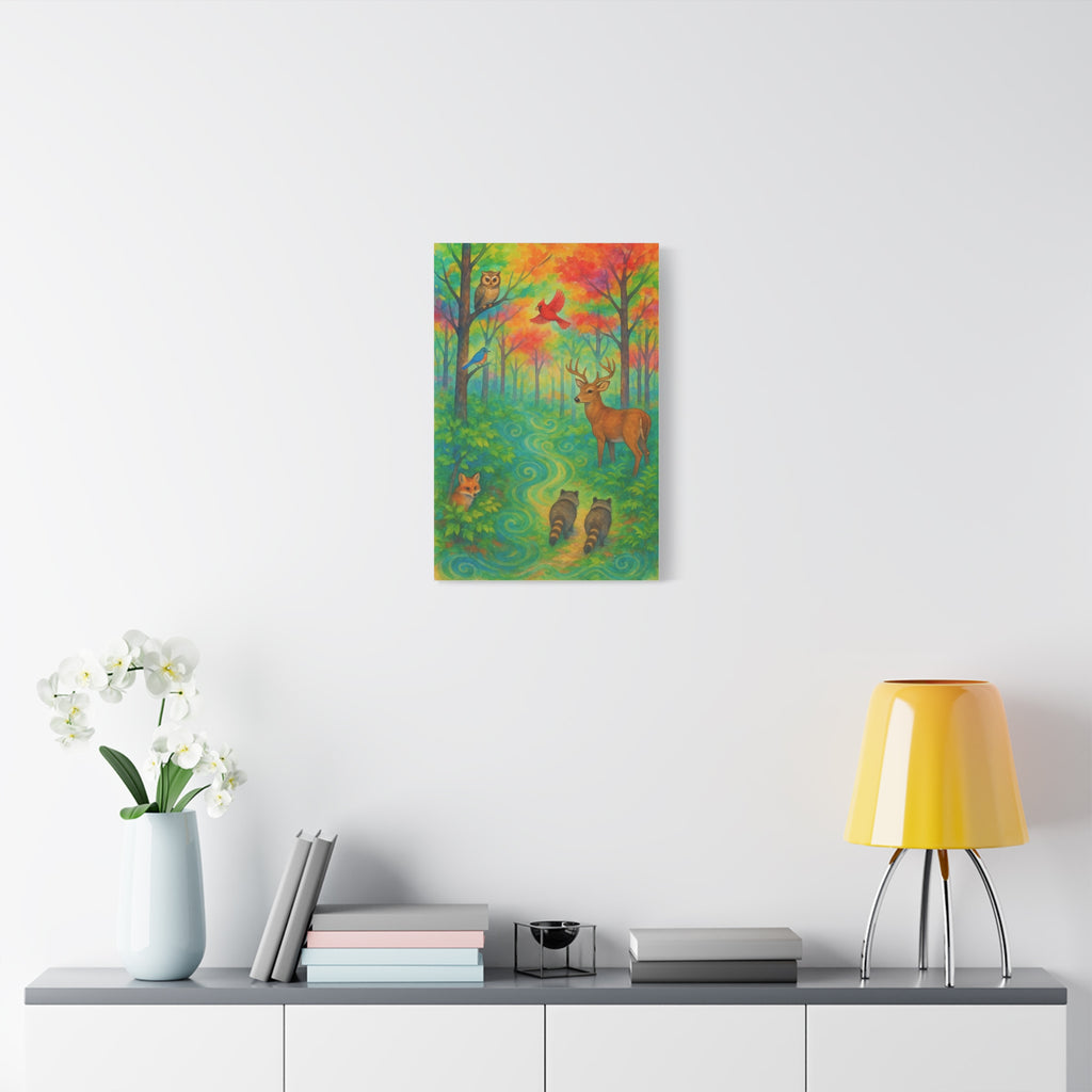 Rainbow Woodland Watercolor Painting – Vibrant Forest with Deer, Fox, Raccoons, and Birds | Nature Wall Art for Living Room or Nursery