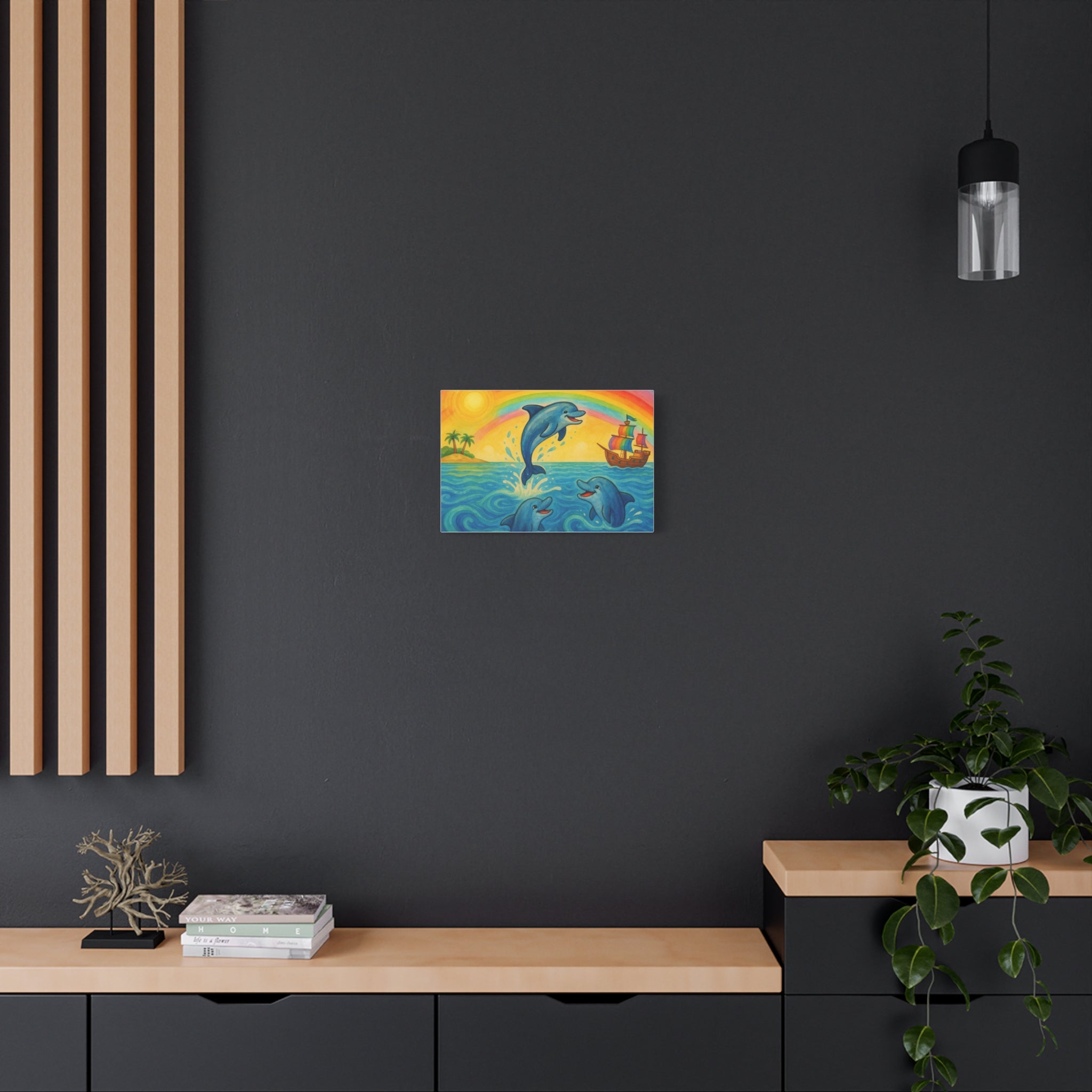 Colorful Dolphin Canvas Wall Art, Nautical Home Decor, Beach Vibes, Kids Bedroom Wall Art, Ocean-Themed Gift, Bright Rainbow Print