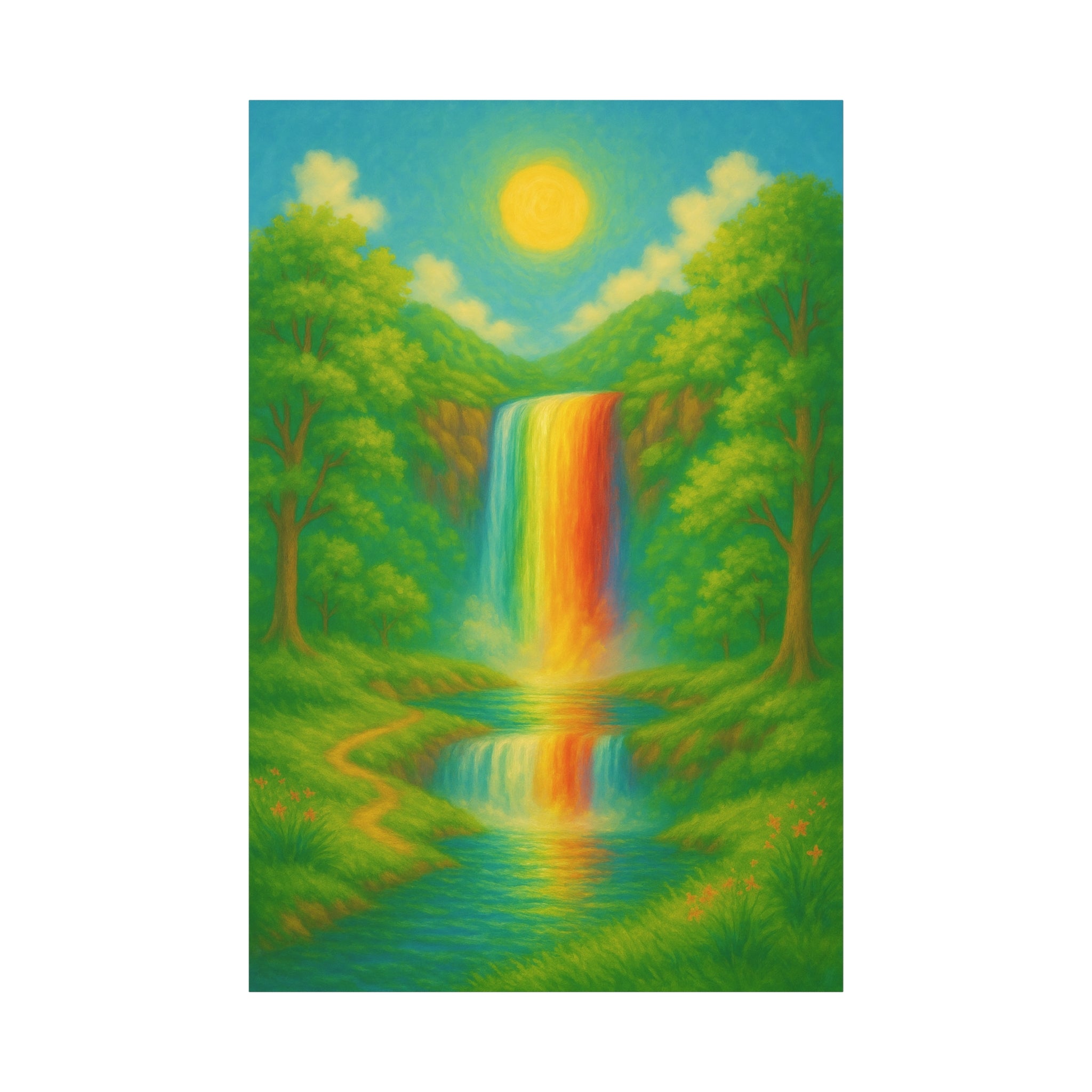 Rainbow Waterfall Landscape, Vibrant Nature Wall Art with Golden Sun and Lush Green Forest