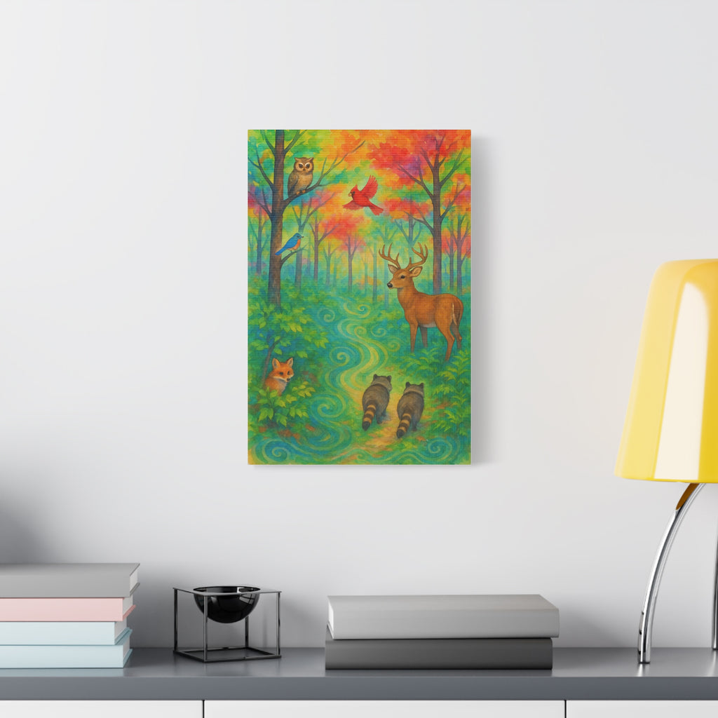 Rainbow Woodland Watercolor Painting – Vibrant Forest with Deer, Fox, Raccoons, and Birds | Nature Wall Art for Living Room or Nursery