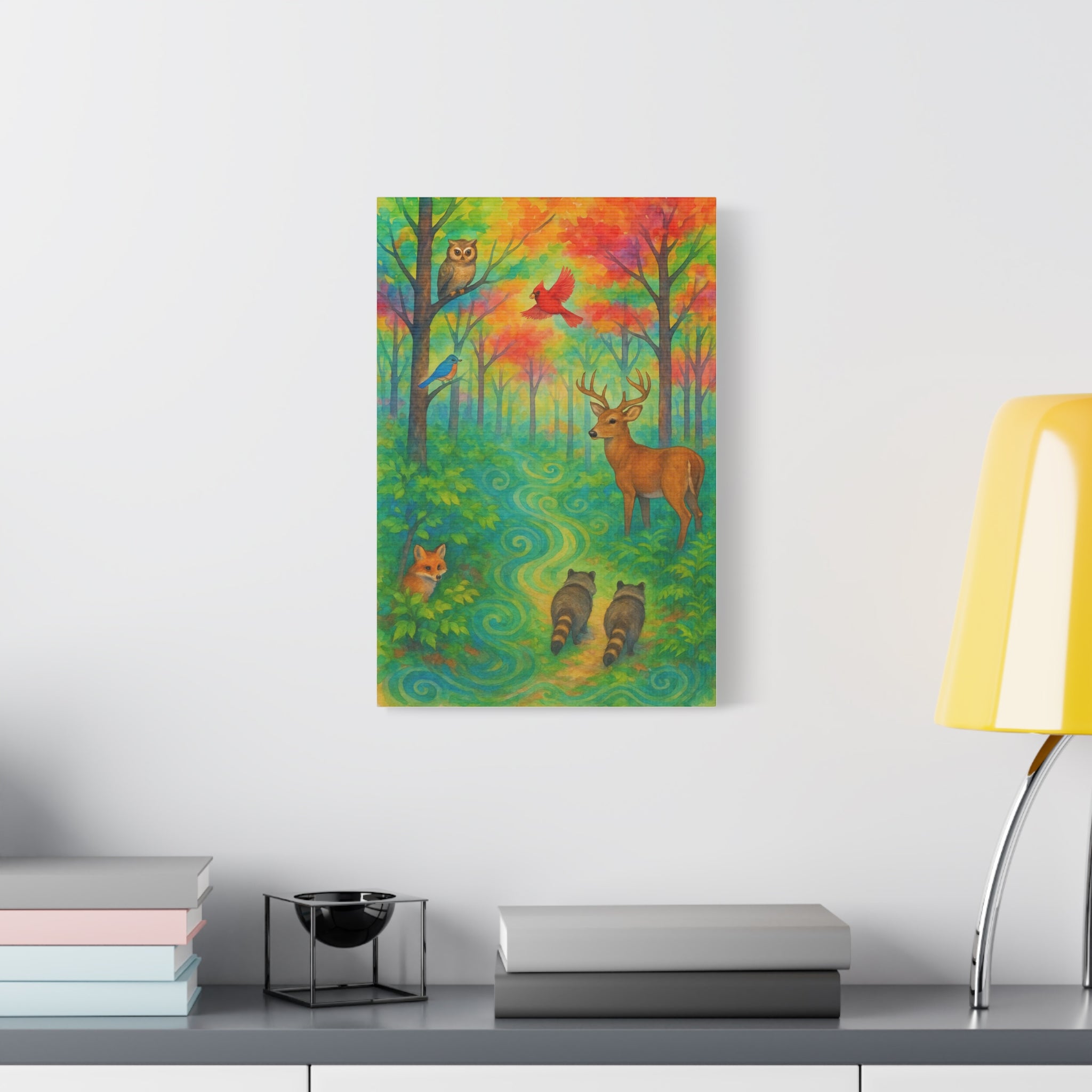 Rainbow Woodland Watercolor Painting – Vibrant Forest with Deer, Fox, Raccoons, and Birds | Nature Wall Art for Living Room or Nursery