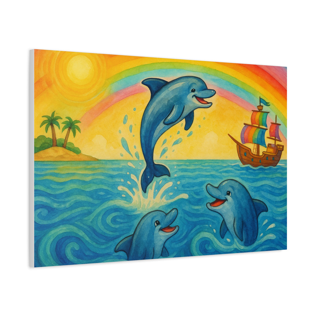 Colorful Dolphin Canvas Wall Art, Nautical Home Decor, Beach Vibes, Kids Bedroom Wall Art, Ocean-Themed Gift, Bright Rainbow Print