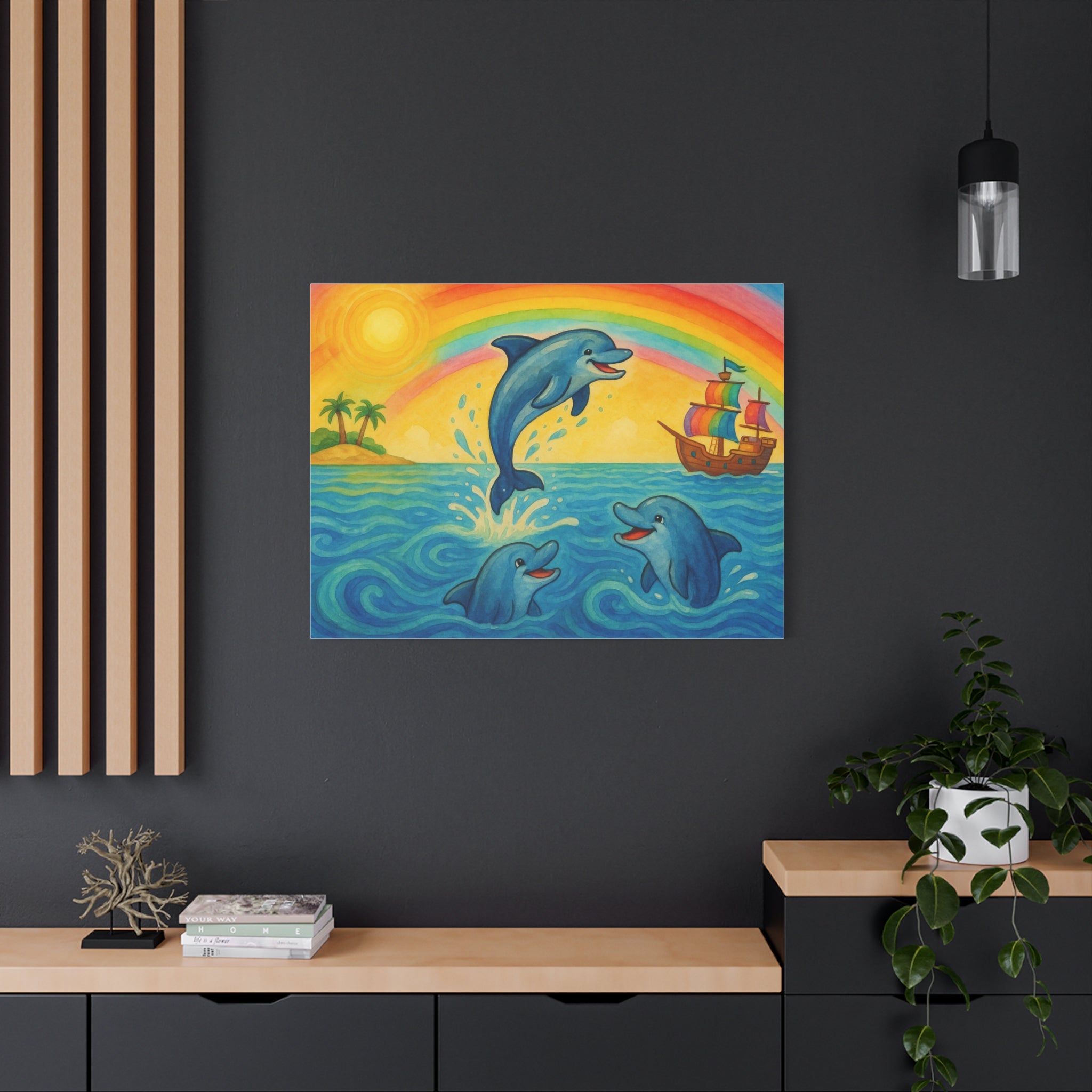 Colorful Dolphin Canvas Wall Art, Nautical Home Decor, Beach Vibes, Kids Bedroom Wall Art, Ocean-Themed Gift, Bright Rainbow Print